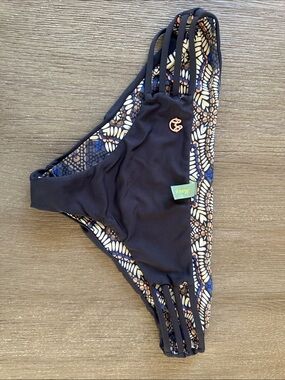 Maaji charcol gray with Blue & Tan Pattern Women's Bikini Bottom